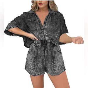 CASUAL crop top short set size medium gray chambray